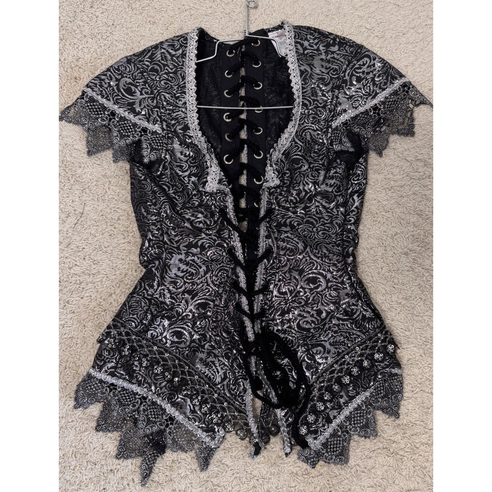 Gothic Steampunk Black Silver Brocade Corset Bustier Lace Up Top Womens M Witchy